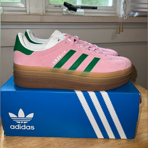 NWT Pink and Green Adidas Gazelle Bold, size 7 W - Picture 1 of 4